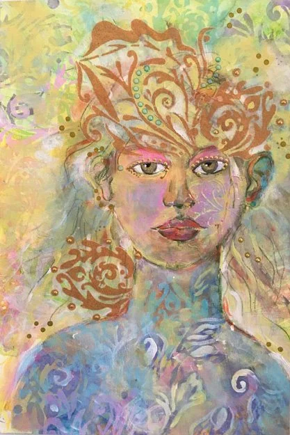 A watercolor painting of a woman with flowing hair, featuring abstract floral and swirling patterns, with soft pastel colors and expressive eyes.