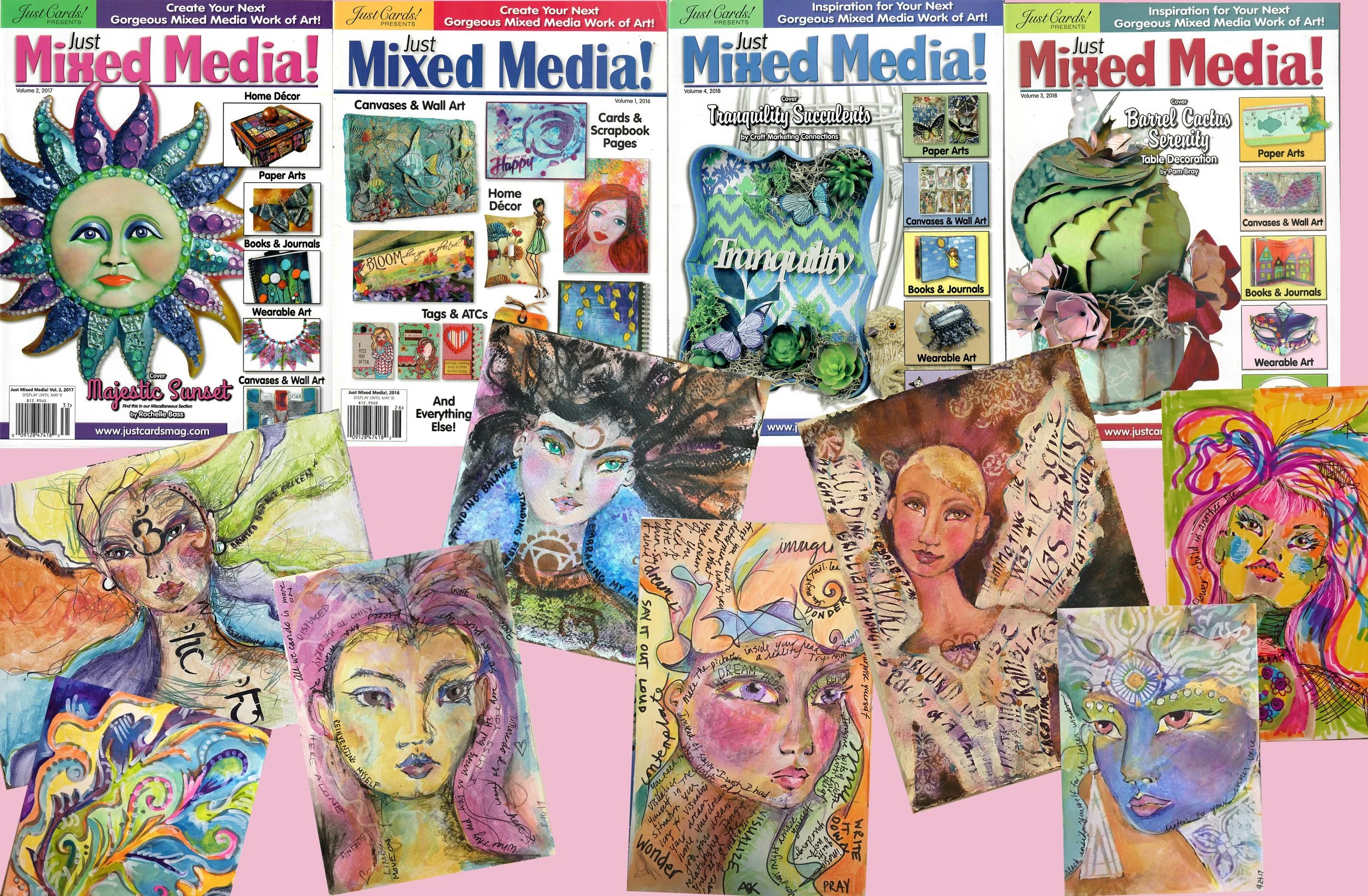 Collage of various mixed media art magazine covers and artistic portraits of women, featuring vibrant colors, sketches, paintings, and handwritten notes.