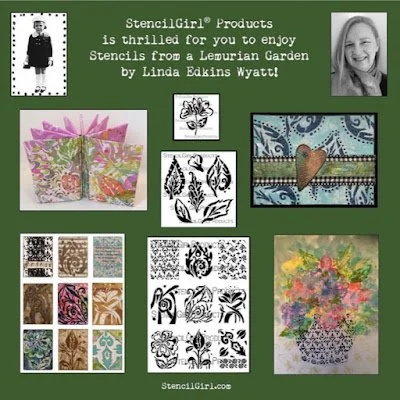 Collection of stamping products and designs from StencilGirl, including stencils, stamped images, and decorative artwork on a green background.