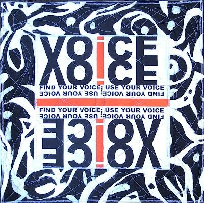 Square design with abstract black and white background, repeating text 'X8ICE' and phrases 'Find your voice; use your voice' in red and blue.