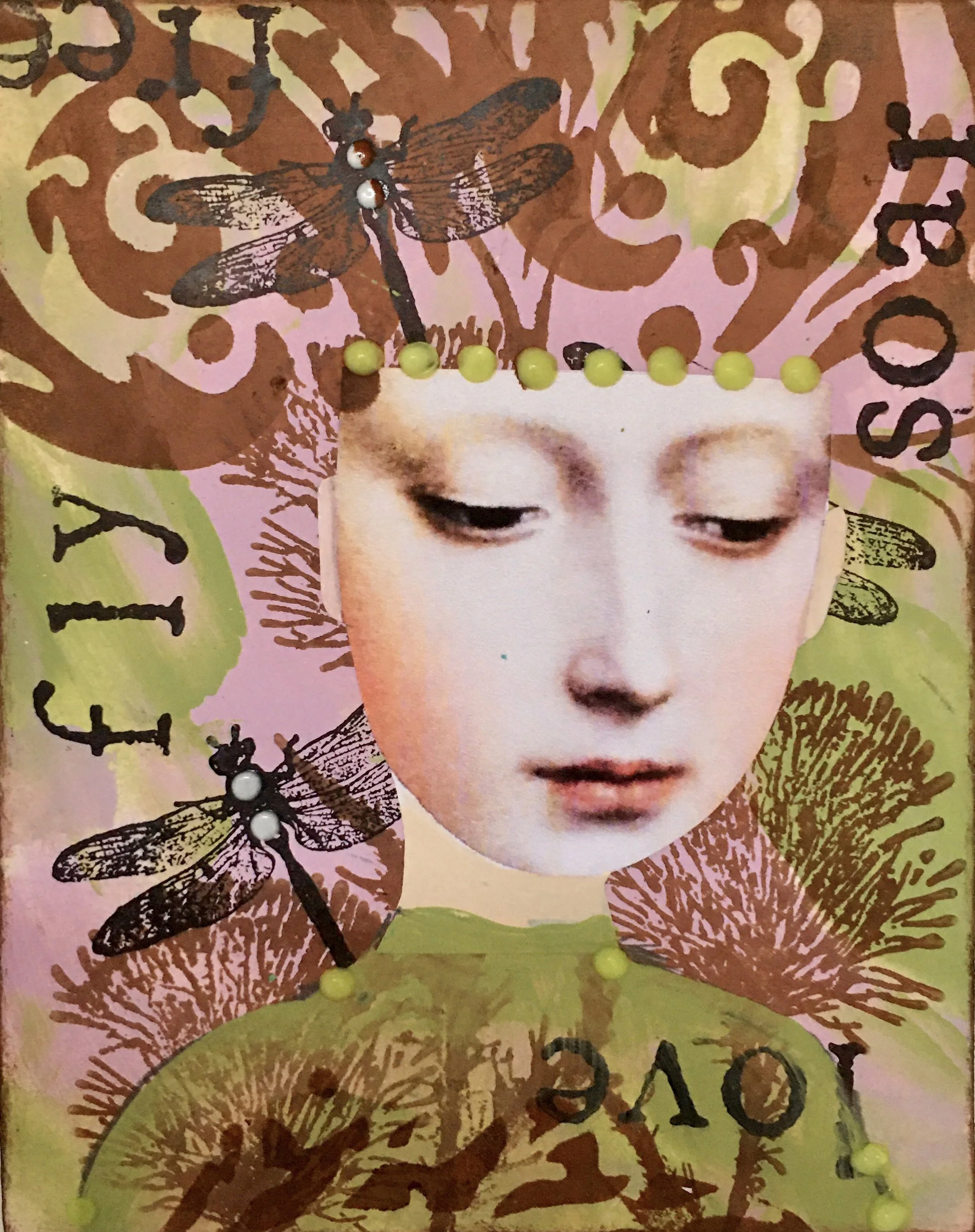 A collage featuring a woman's face with closed eyes, surrounded by artistic dragonfly illustrations and decorative handwriting. Green beads line the top edge of the collage.