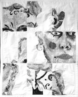 A partially completed black-and-white jigsaw puzzle of a woman's face with various facial features visible, including eyes and lips, on a white surface.