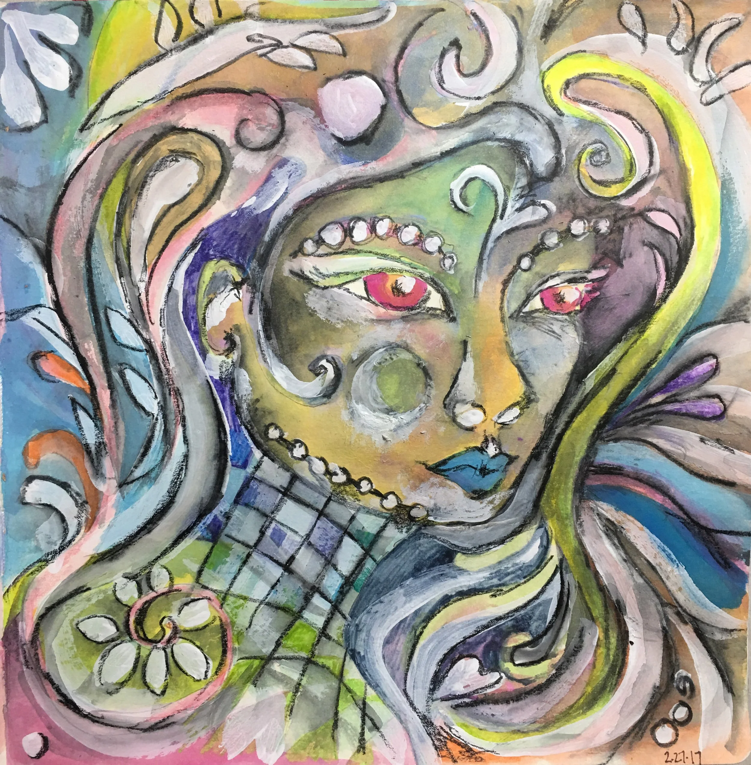Colorful abstract painting with swirling lines, eyes, and teeth, featuring shades of green, pink, purple, and yellow.
