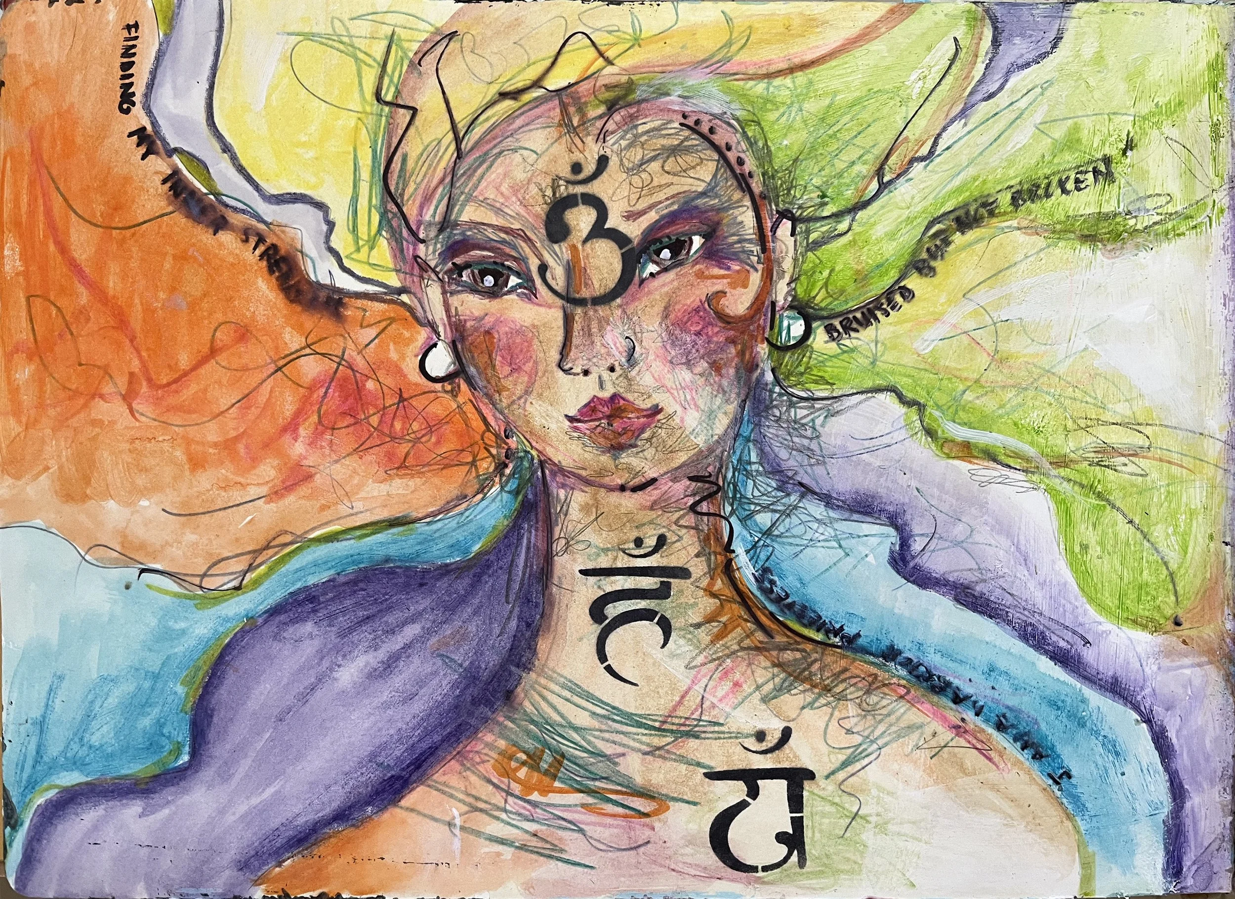 A colorful abstract painting of a woman's face with wings and facial features outlined with thick black lines, vibrant colors including orange, yellow, green, blue, and purple, and handwritten words and letters scattered throughout.