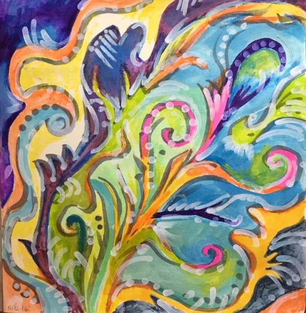 Abstract colorful swirl painting with vibrant blues, greens, yellows, oranges, pinks, and purples featuring flowing lines and dots.