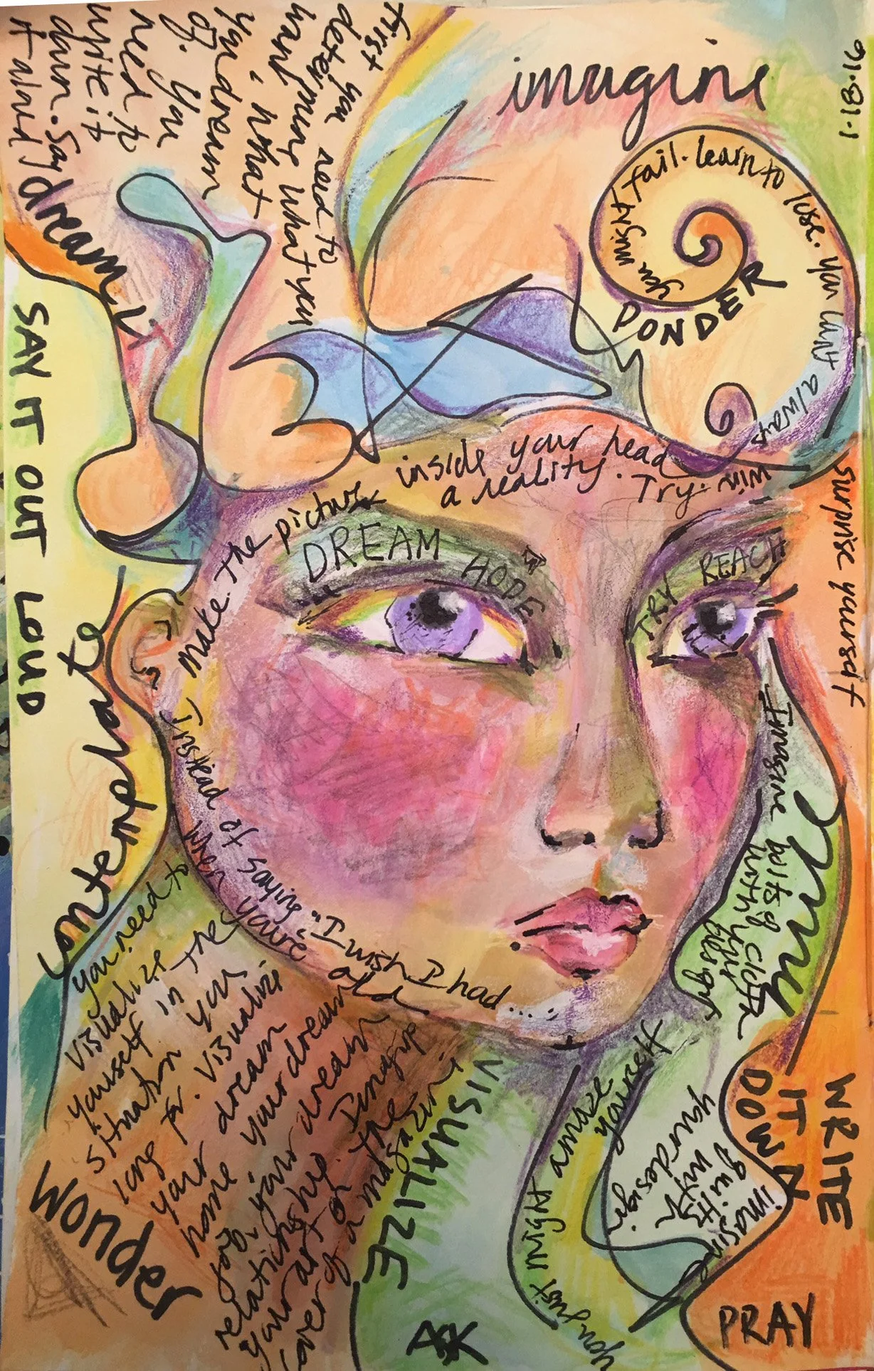 A colorful watercolor portrait of a woman with large expressive eyes and lips, surrounded by handwritten inspirational words and phrases such as 'imagine,' 'dream,' 'hope,' 'pray,' and 'trust.' The artwork has a vibrant, abstract background with swir
