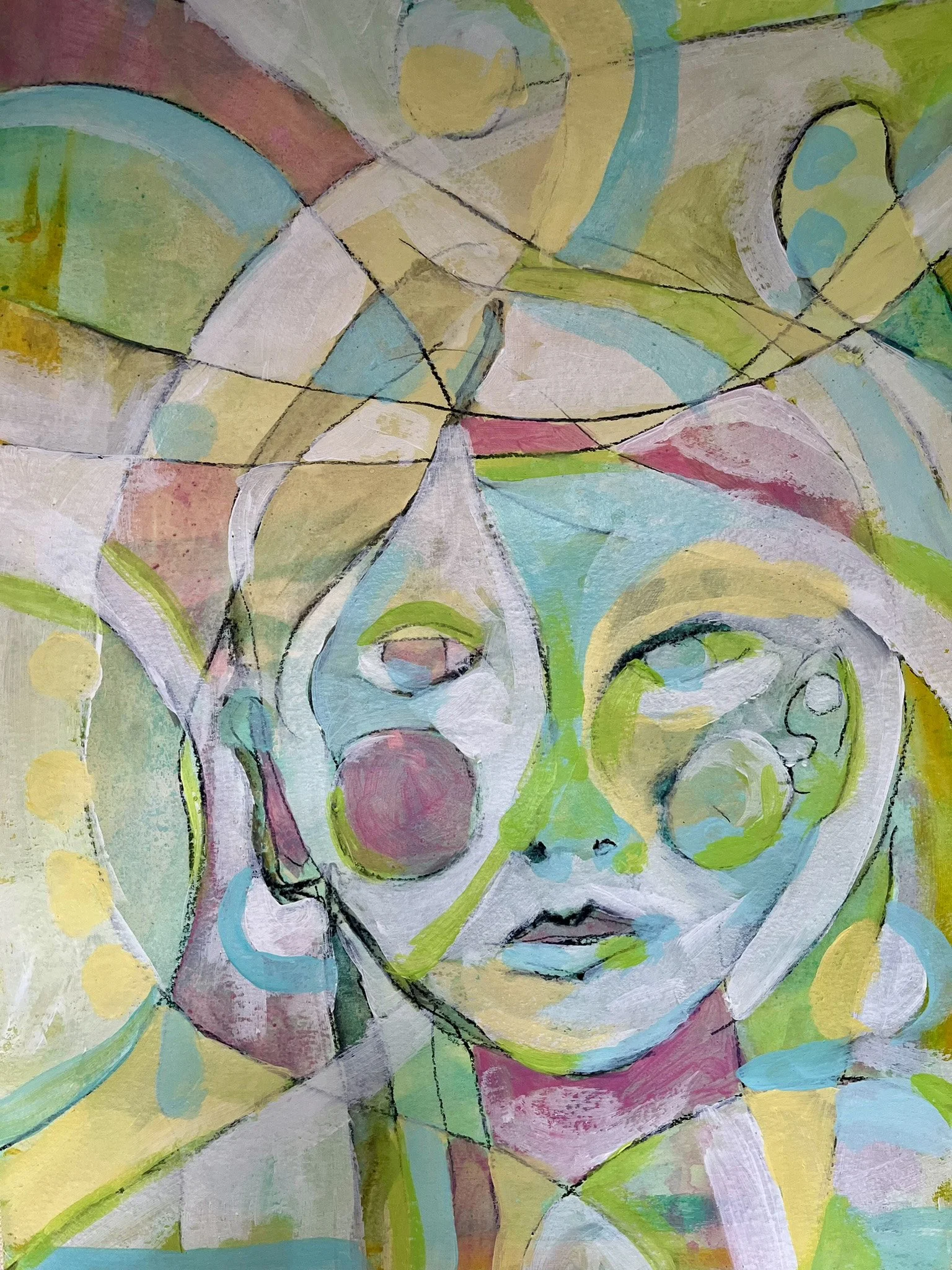Abstract colorful painting with curved lines, circles, and shapes in pastel shades of yellow, pink, blue, green, and white.