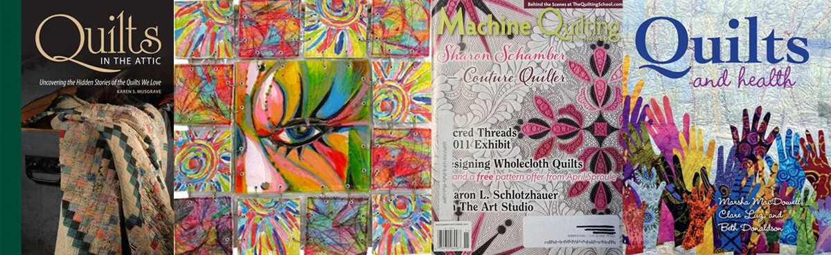 Four quilt-related books, colorful abstract artwork, and a quilt workshop magazine cover with diverse hand silhouettes.