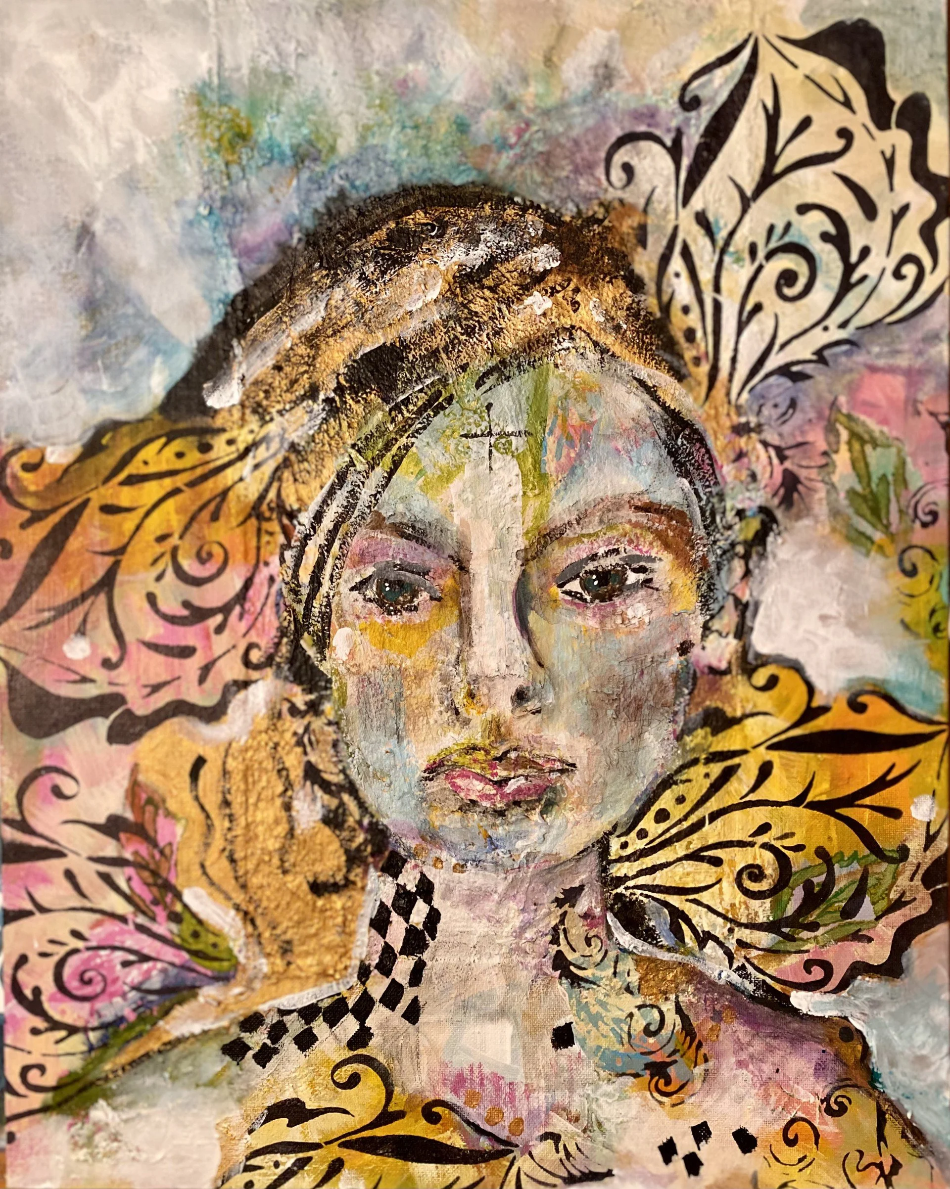 An abstract portrait of a woman with blonde hair wearing sunglasses on her head and earrings, painted with a textured, colorful background.