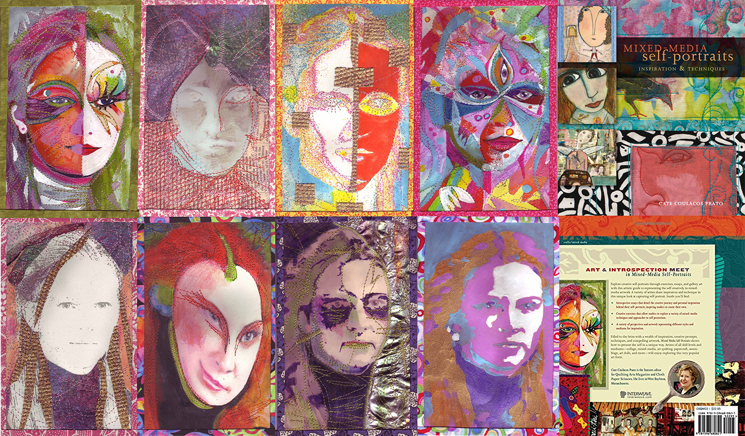 Collage of mixed-media self-portraits featuring colorful and abstract artistic styles, with a section highlighting a book titled 'Mixed Media Self-Portraits' and portraits of various women.