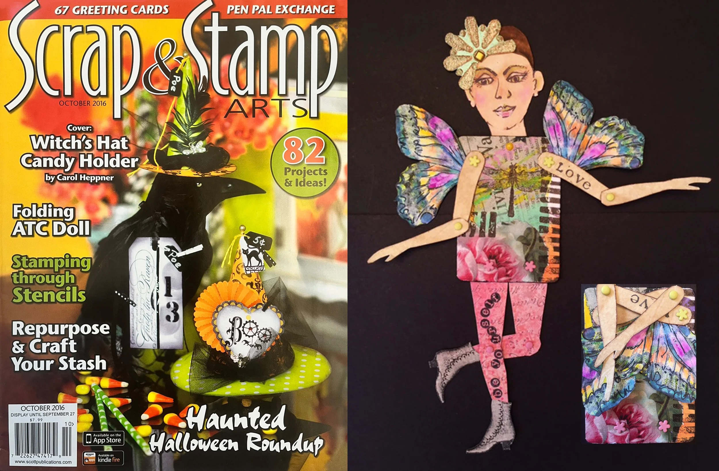 The image features a magazine cover titled "Snap & Stamp Arts" with a Halloween theme, dated October 2016. It highlights crafts such as witches hat candy holder and a Halloween-inspired paper doll. The right side of the image displays a paper craft of a woman with butterfly wings, decorated with colorful patterns, floral designs, and words like "LOVE" and "PEACE" on her limbs.
