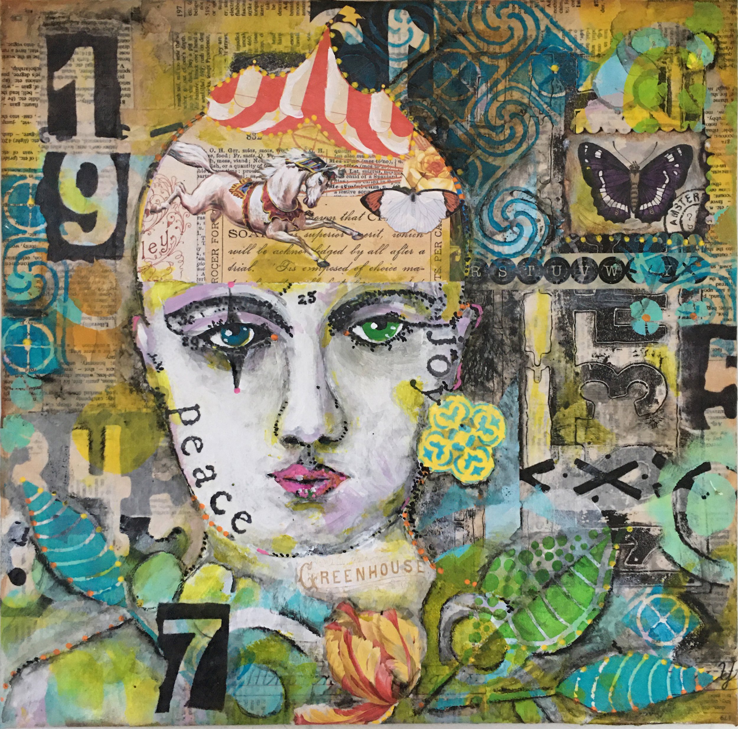 A collage-style artwork featuring various images including a woman with green eyes and painted lips, a horse, butterflies, a frog, flowers, and snippets of text with a vibrant background of abstract patterns and colors.