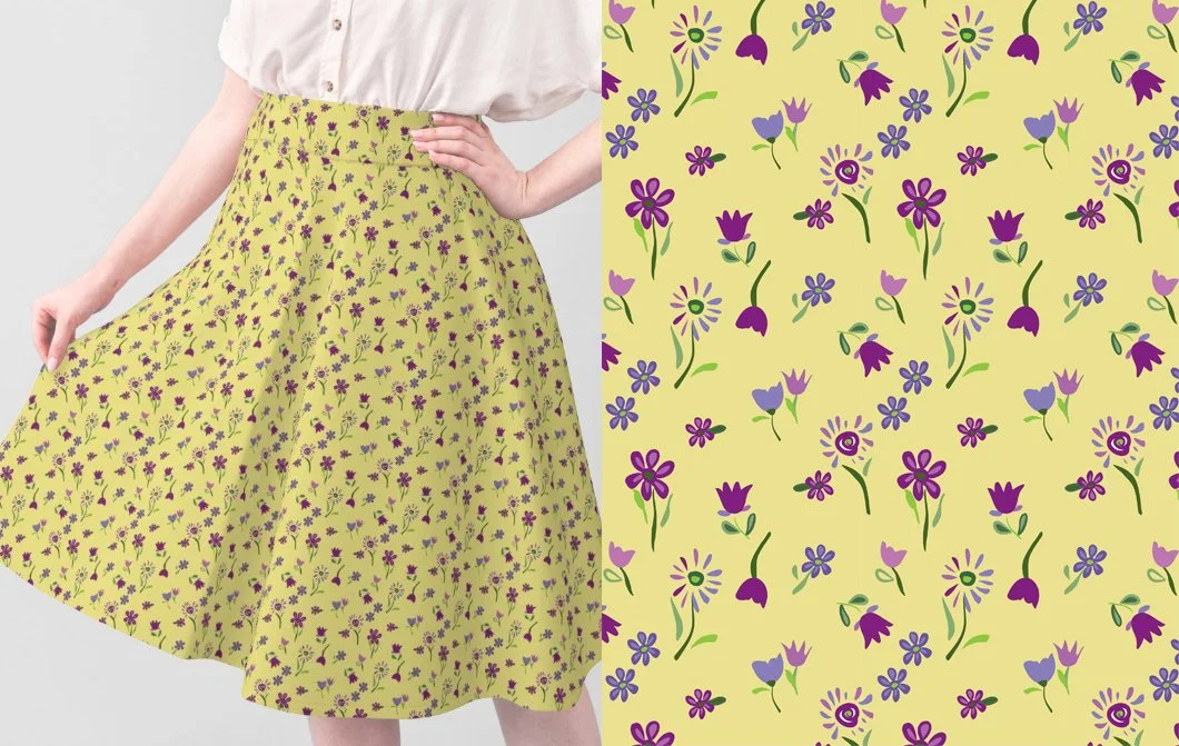 A woman wearing a yellow skirt with purple and green floral pattern, holding out the hem. The right side shows a close-up of the same floral pattern with purple and pink flowers on a yellow background.