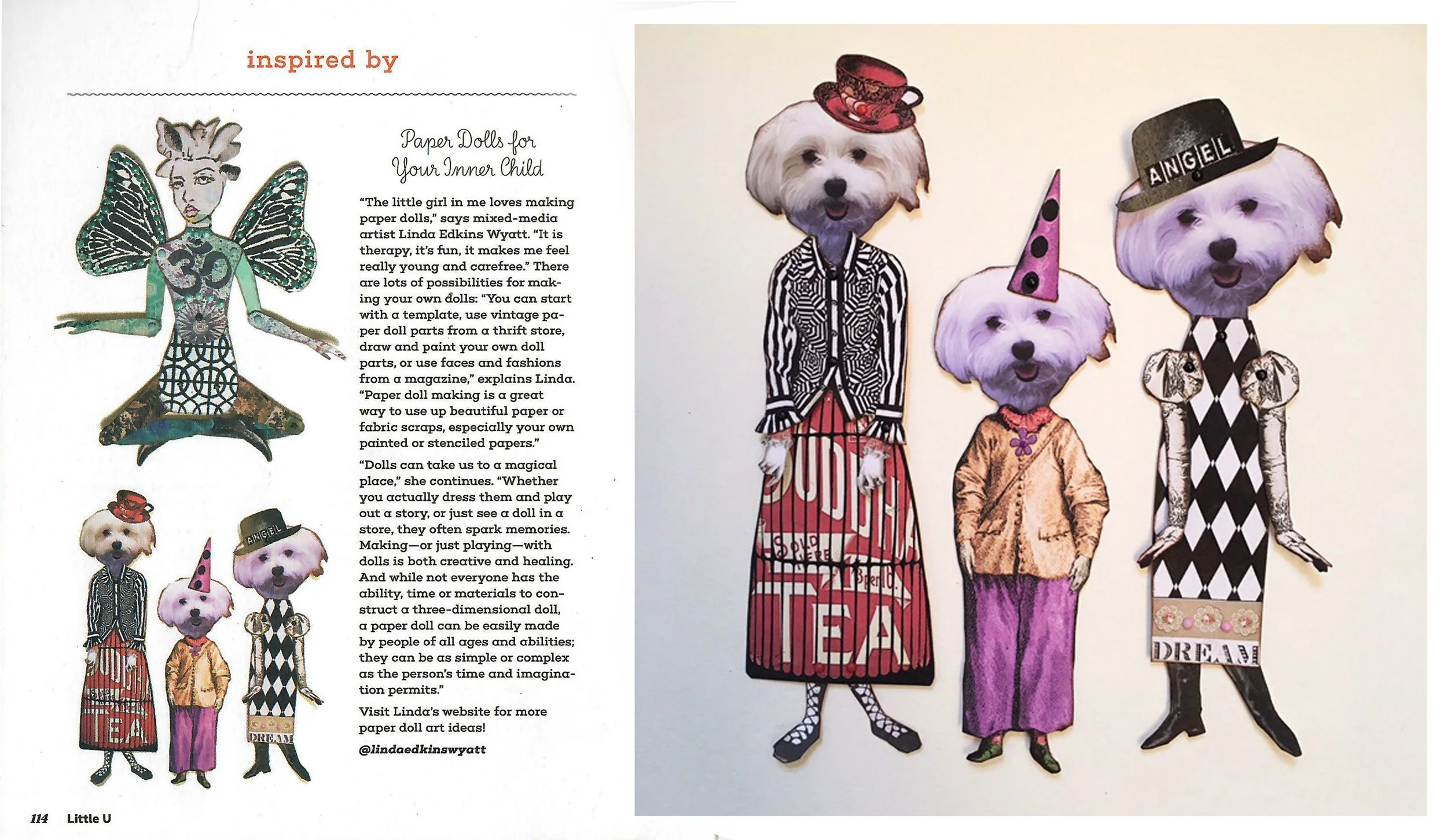 Page from a book or magazine showing paper doll characters of dogs and humans dressed in fashionable clothing, with some wearing accessories like hats and a party hat. The text discusses the concept of creating paper dolls for inner childhood play.