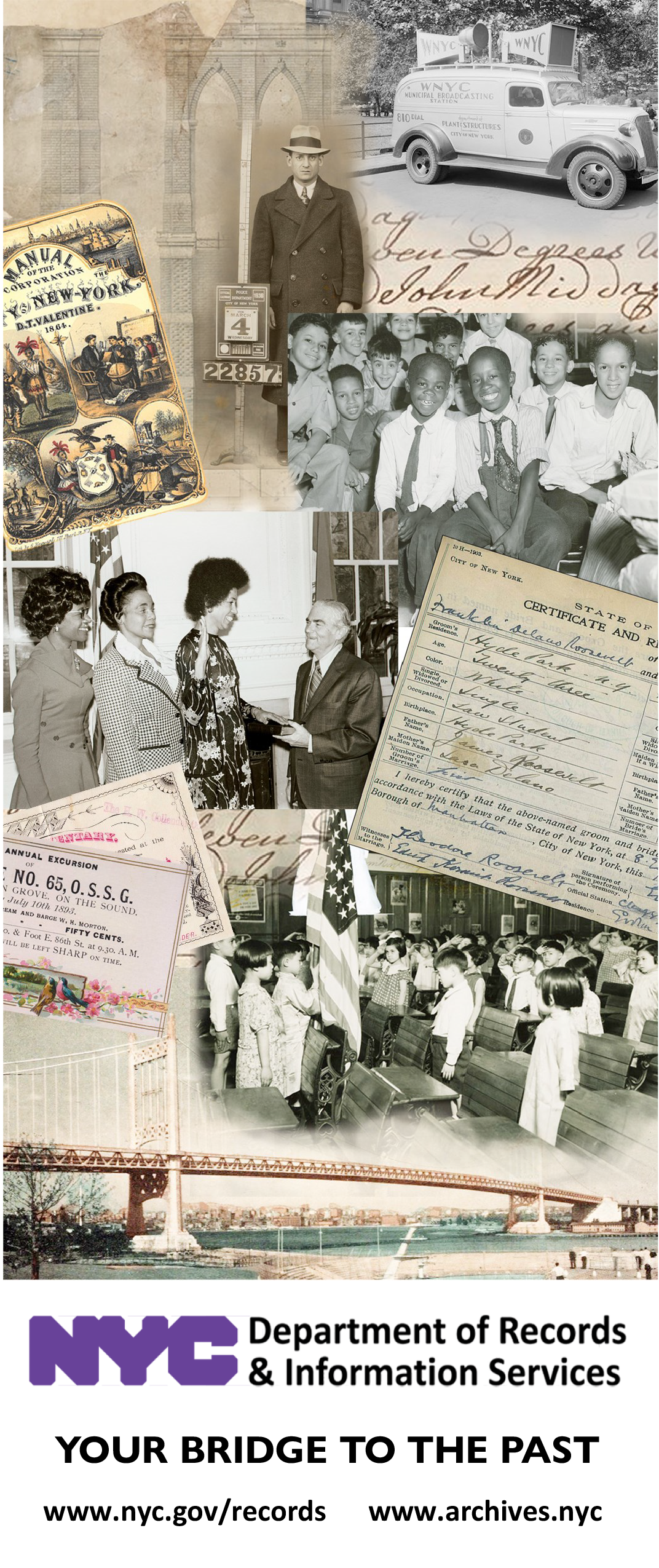 A collage of historical photographs related to New York City, including vintage newspaper clippings, a man in early 20th century attire, a news broadcast van, children in classroom and outdoor scenes, a bridge over the water, and official documents, all under the NYC Department of Records & Information Services branding with the slogan 'Your Bridge to the Past.'