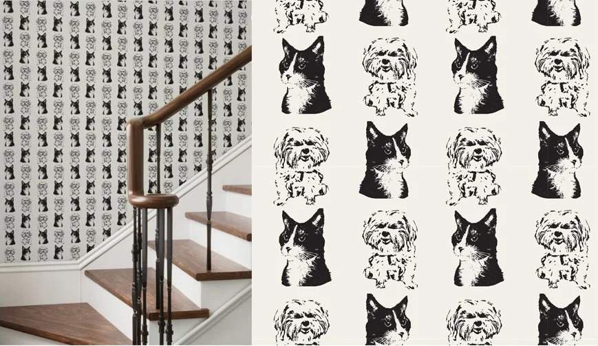 Wallpaper featuring black and white illustrations of cats and dogs, with a staircase on the left side.