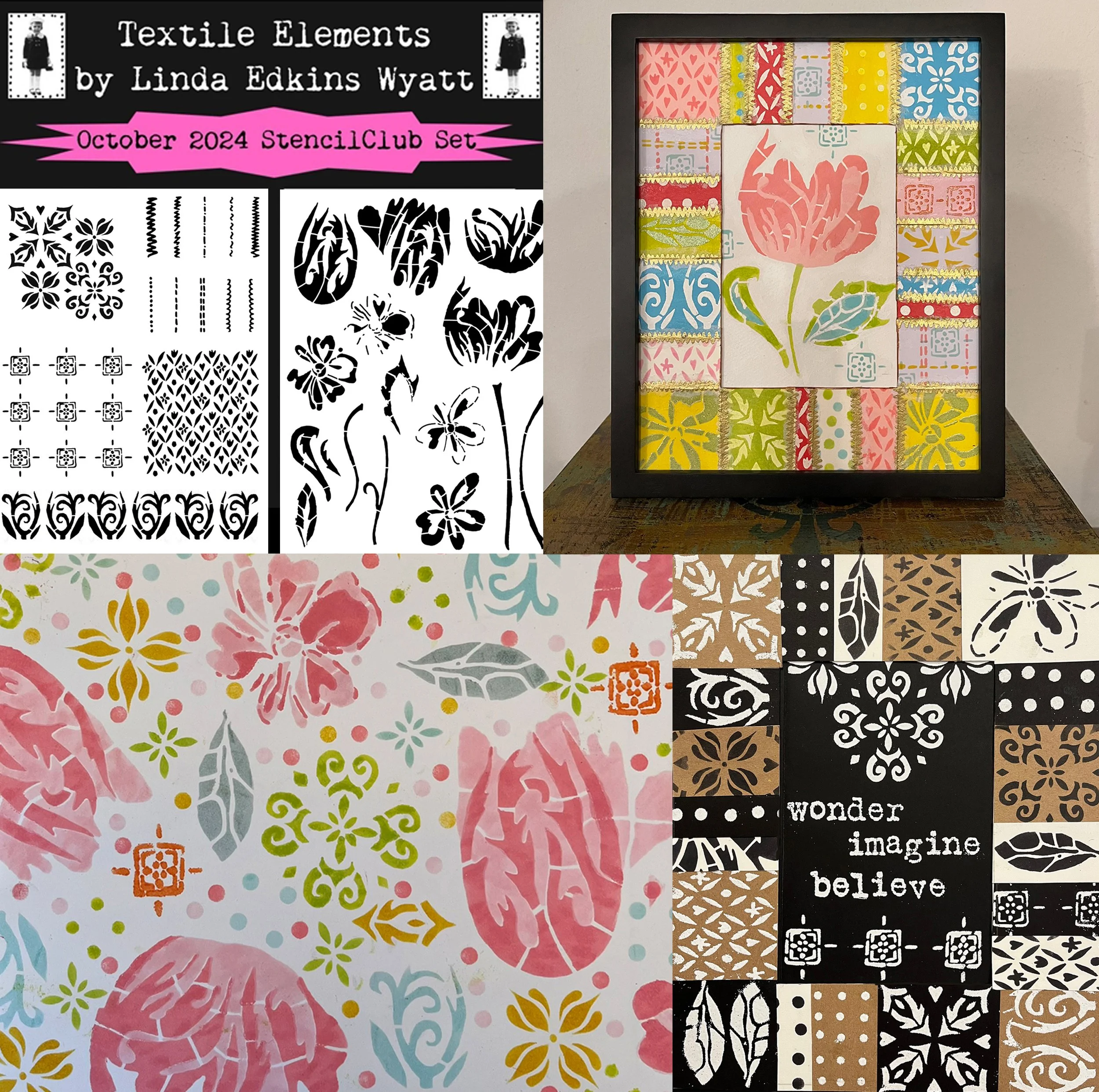 A display of textile stencil designs by Linda Edkins Watt for October 2024, including various patterns such as floral, geometric, and decorative motifs in black and white, along with a framed artwork featuring a large pink flower with green leaves, surrounded by colorful fabric swatches.