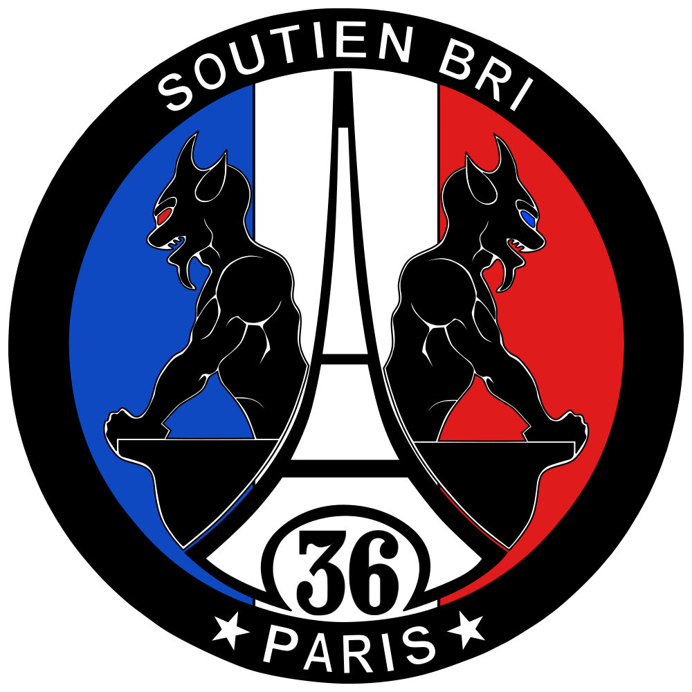 Logo représentant deux chiens griffons diaboliques, un bleu à gauche et un rouge à droite, avec la Tour Eiffel au centre, et le texte "Soutien Bri" en haut et "Paris" en bas, avec le nombre 36 dans un cercle.