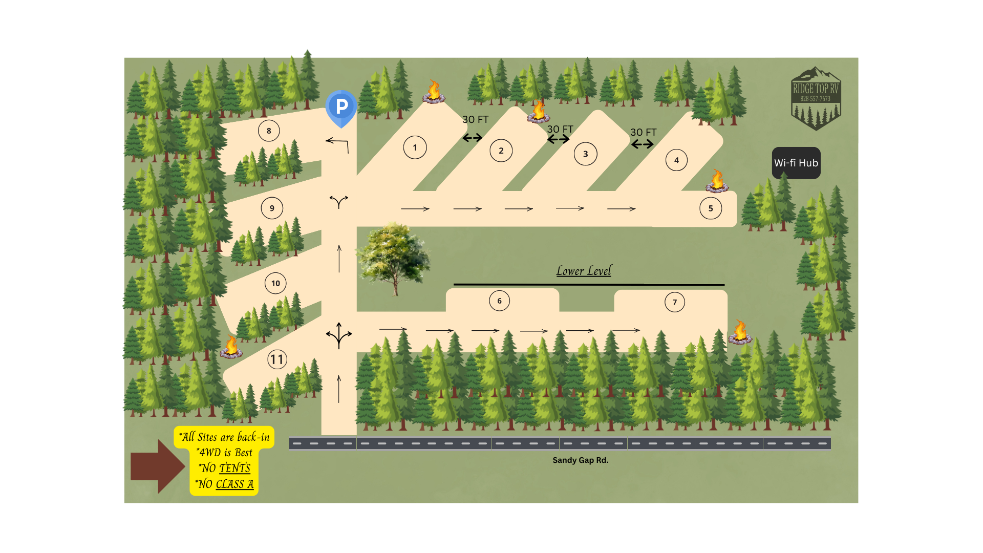 A detailed campground map showing site numbers, fire pits, parking, Wi-Fi hub, and surrounding trees, with directional arrows and distance markers.