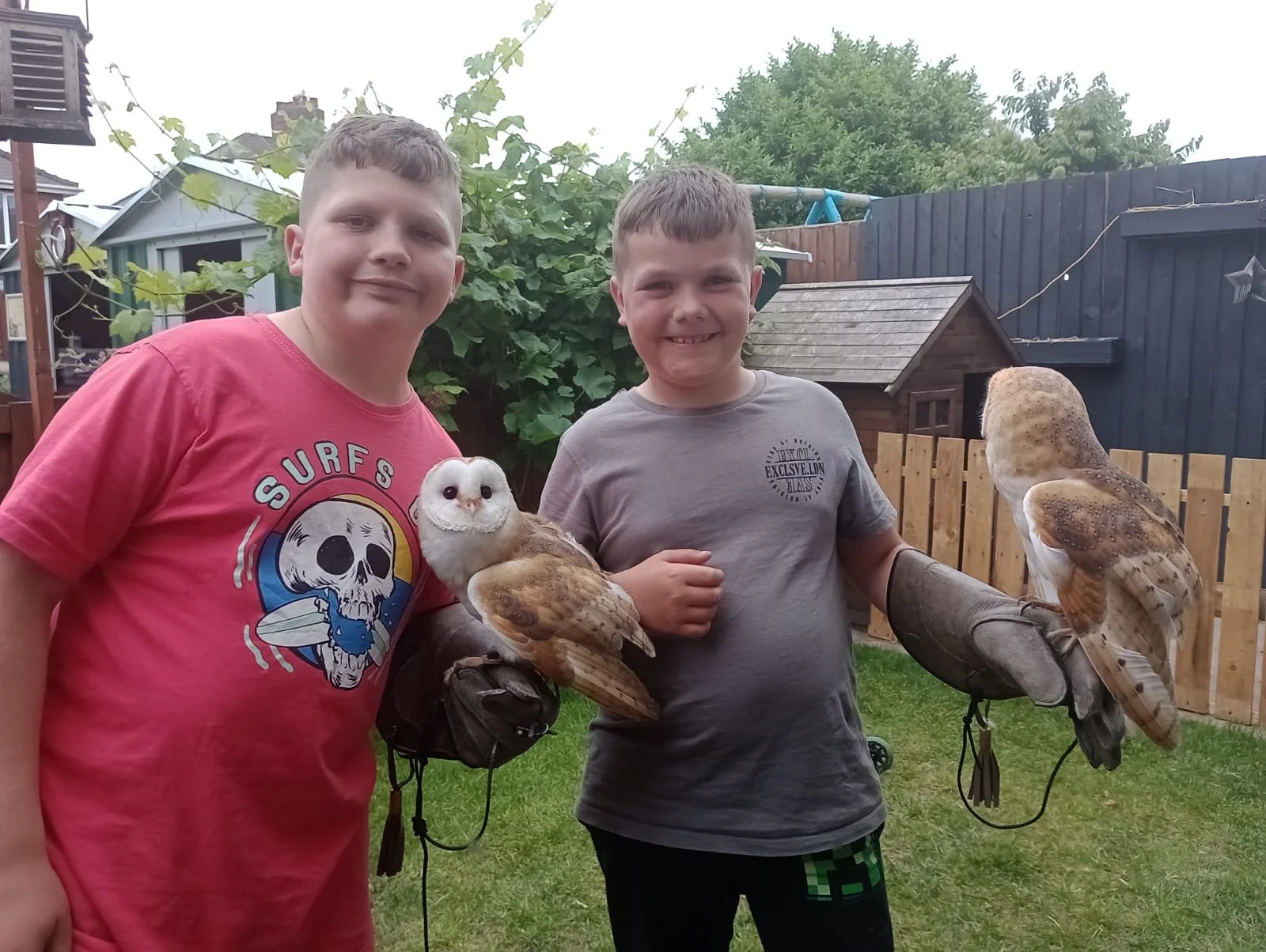 Two boys standing in a backyard holding owls on gloves.