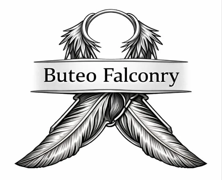 A black and white illustration of a falcon with detailed feathers and a stylized band across its body reading "Buteo Falconry."