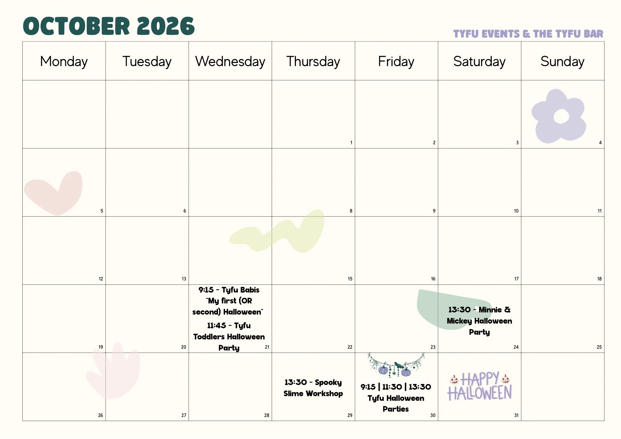 A visual calendar for the October events at Tyfu Play, Cardiff