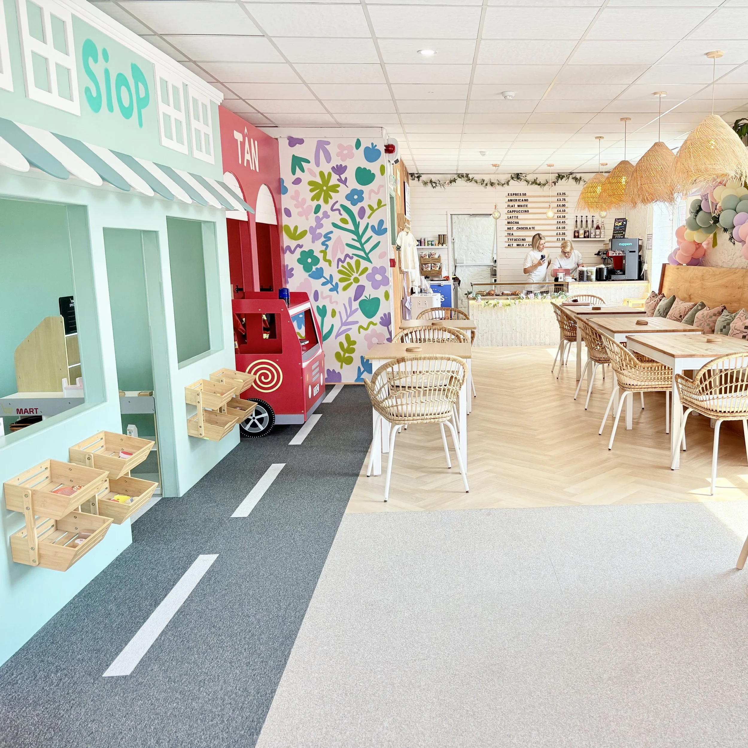 Our role play shop and fire station with the cafe and seating area