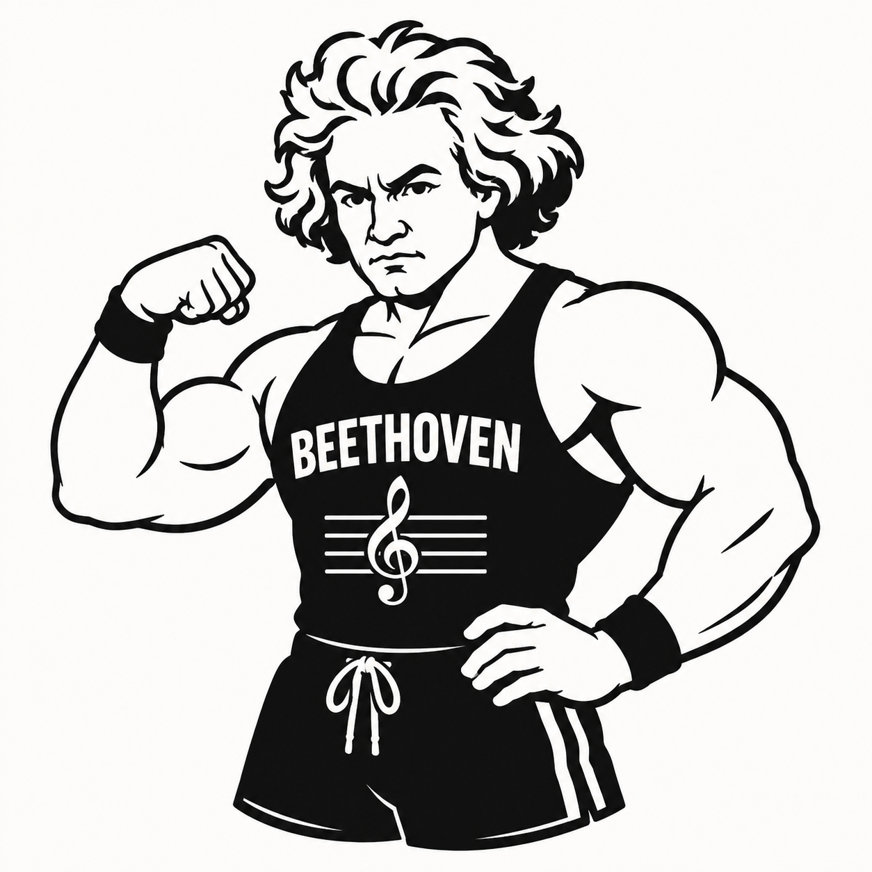 A muscular cartoon character with long, messy hair, wearing a tank top that says 'BEETHOVEN' and a musical note symbol, flexing an arm.