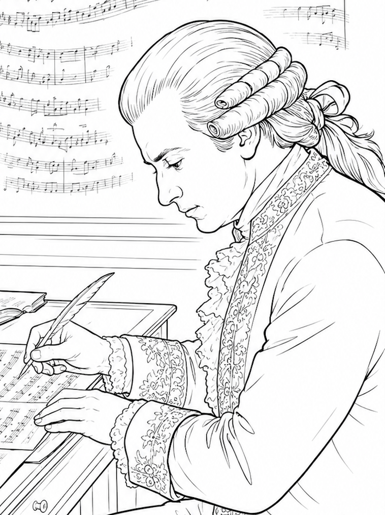 Coloring book-style illustration of a man in 18th-century attire composing music at a desk, with musical notes floating above.