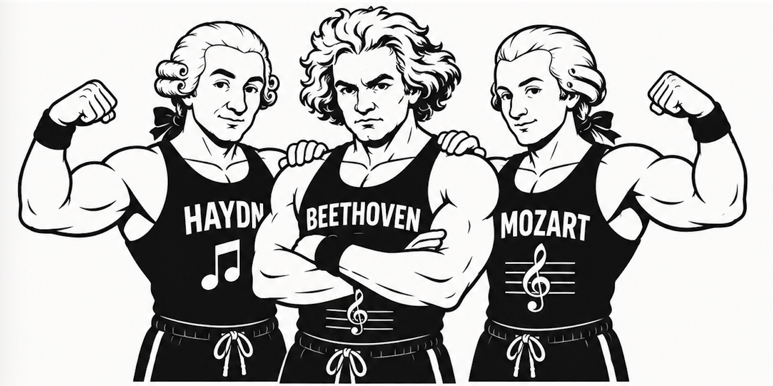 Black and white illustration of Haydn, Mozart, and Beethoven, flexing their arms, each wearing tank tops labeled with their names.