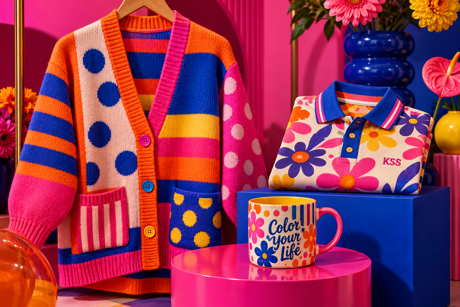 Concept designs for a colorful mixed-pattern cardigan, KSS polo, and Color Your Life mug.