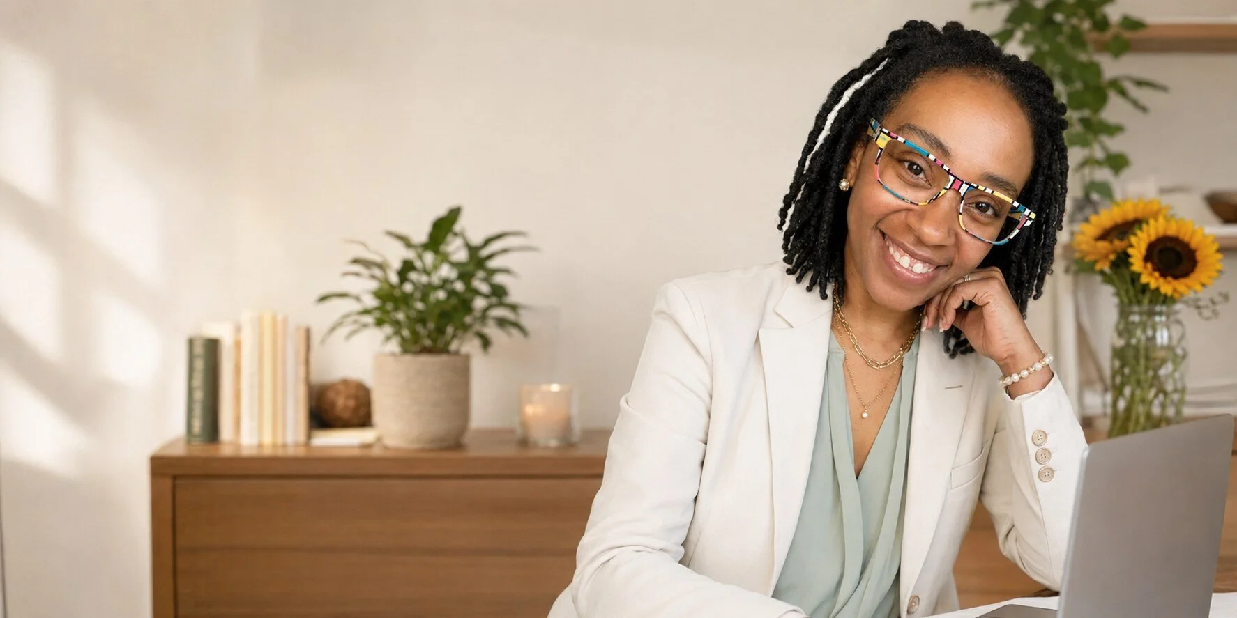 Kyna Monroe, founder of Kyna Soul School, in her warm home learning studio