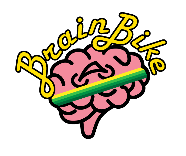 Pink brain with the words "Brain Bike" written arched over it and a rainbow-striped line running across the brain.