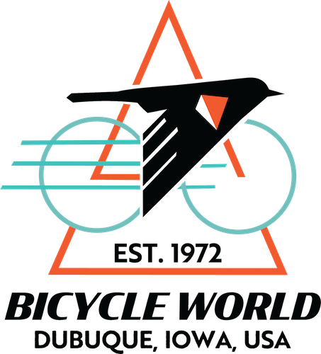 Logo of Bicycle World Dubuque Iowa, featuring a stylized black and orange bird riding a black bicycle with light blue wheels and racing stripes, and an orange triangle with 'EST. 1972' text underneath.