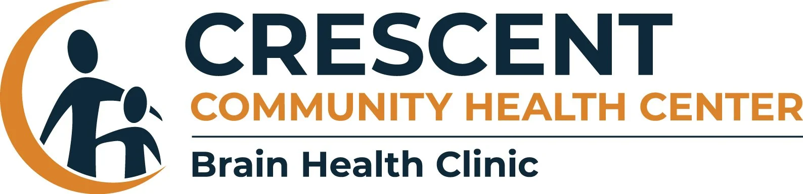 Logo for Crescent Community Health Center Brain Health Clinic, featuring stylized figures of two people, one larger and one smaller, with a crescent shape in orange.