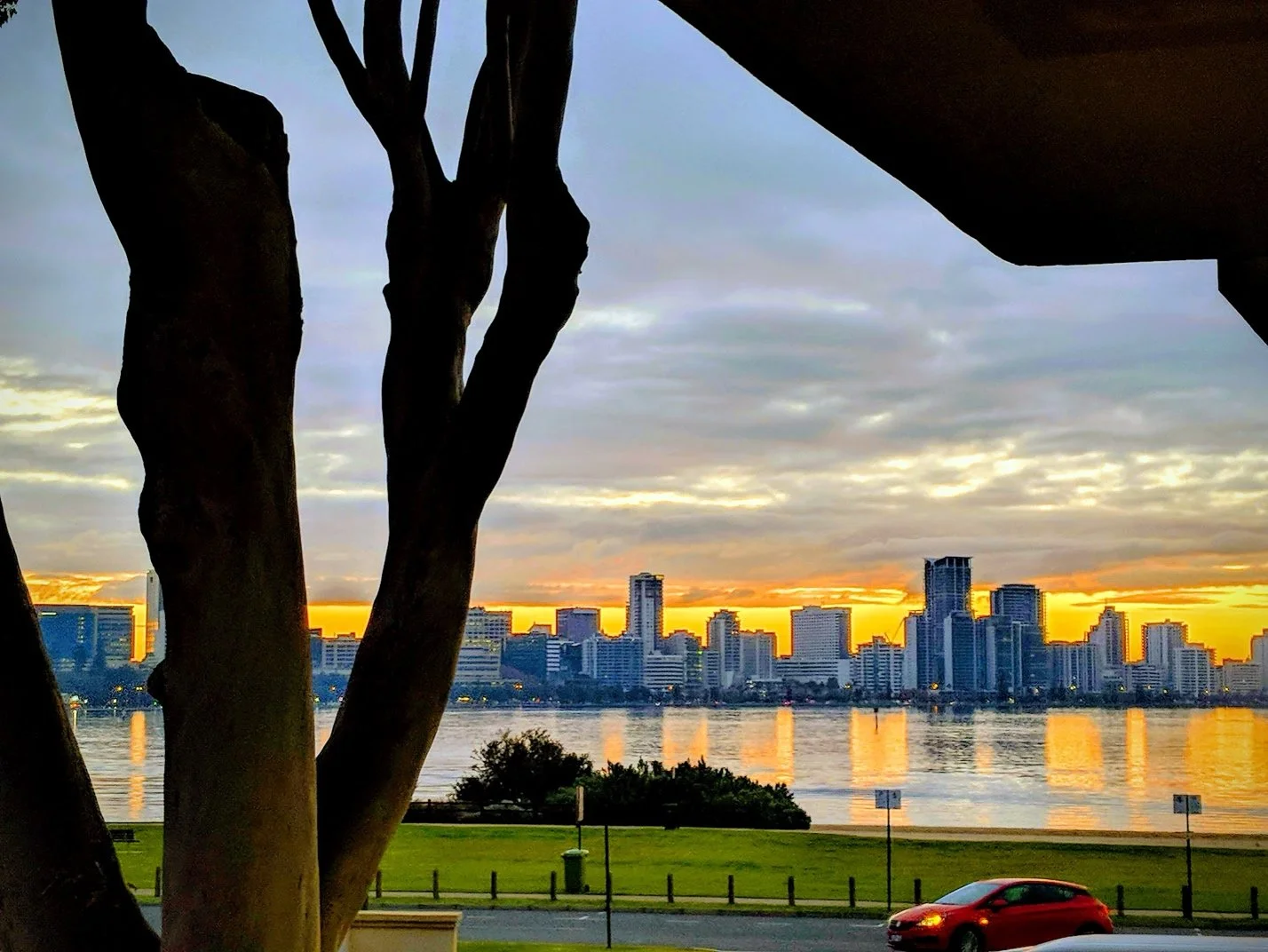 City skyline at dusk