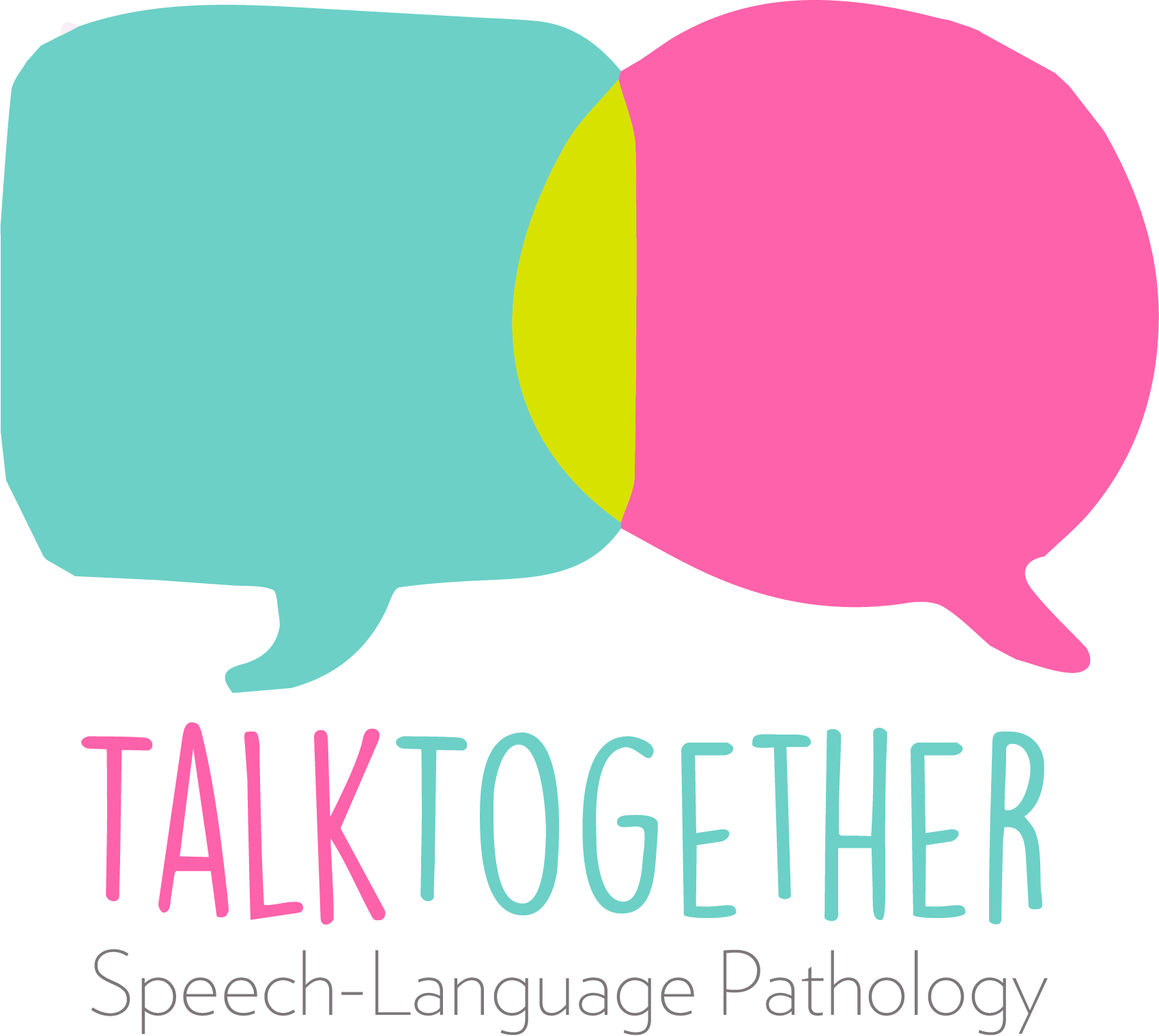 Speech and language pathology logo with two overlapping speech bubbles, one pink and one teal, with the words "TALKTOGETHER" and "Speech-Language Pathology" underneath.