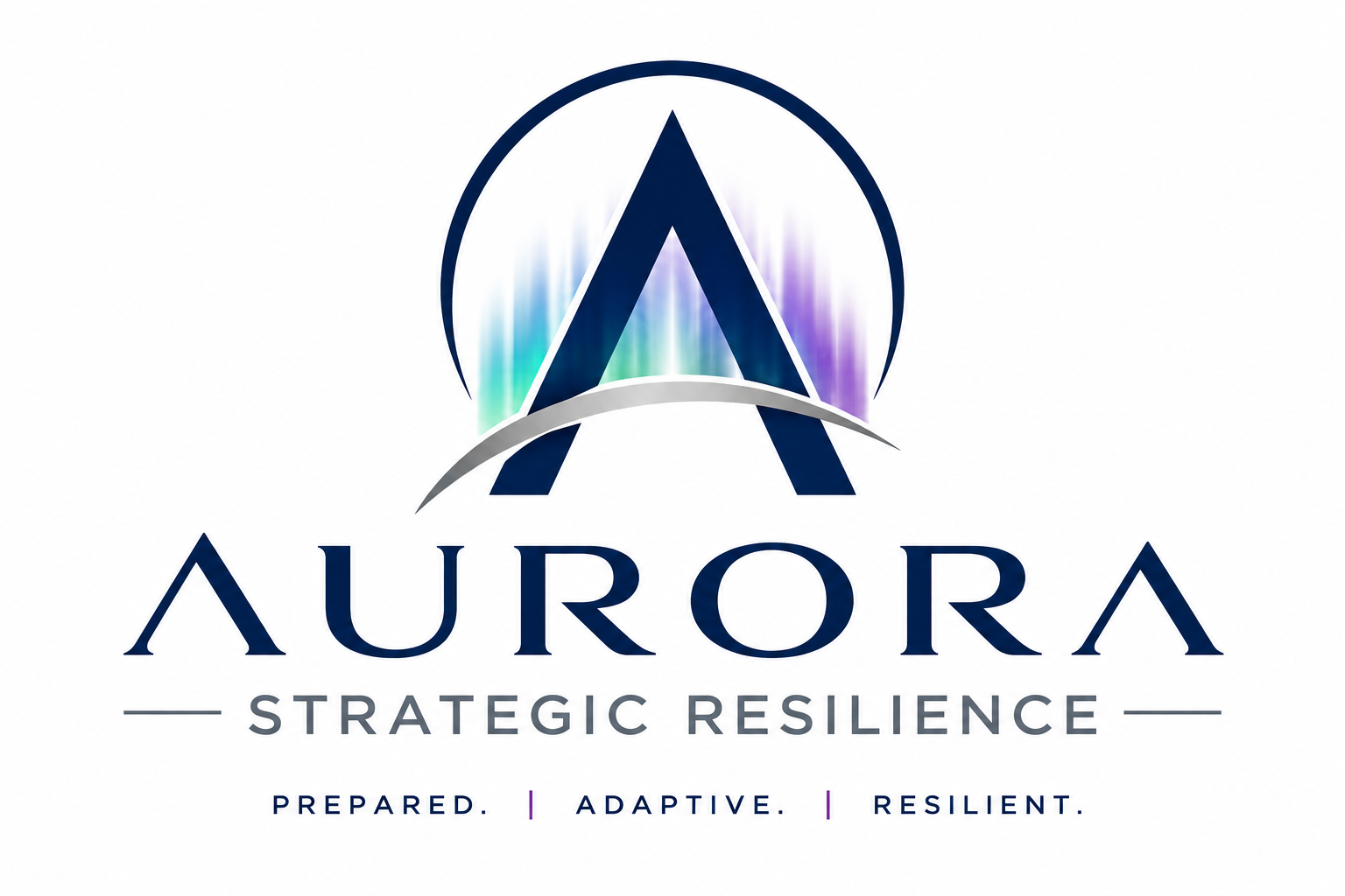 Aurora Strategic Resilience logo featuring a stylized letter A with colorful vertical lines and a curved gray line underneath, along with the phrases 'Prepared. Adaptive. Resilient.'