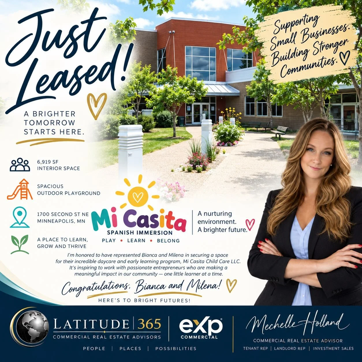 JUST LEASED! 🎉🔑

This one feels especially good to announce.

I had the privilege of representing Bianca and Milena of Mi Casita Child Care LLC in securing their new home at 1700 Second Street NE in Minneapolis. A 6,919 SF childcare space with a de