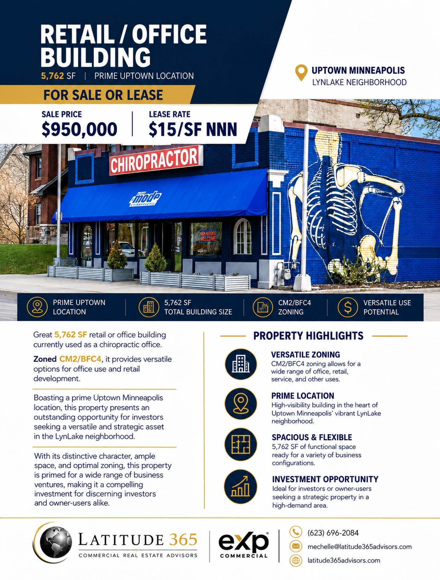🏢 FOR SALE OR LEASE | UPTOWN MINNEAPOLIS

Looking for a versatile commercial space in the heart of LynLake? This 5,762 SF retail/office building offers a fantastic opportunity for an owner-user, investor, or business looking for a highly visible Min