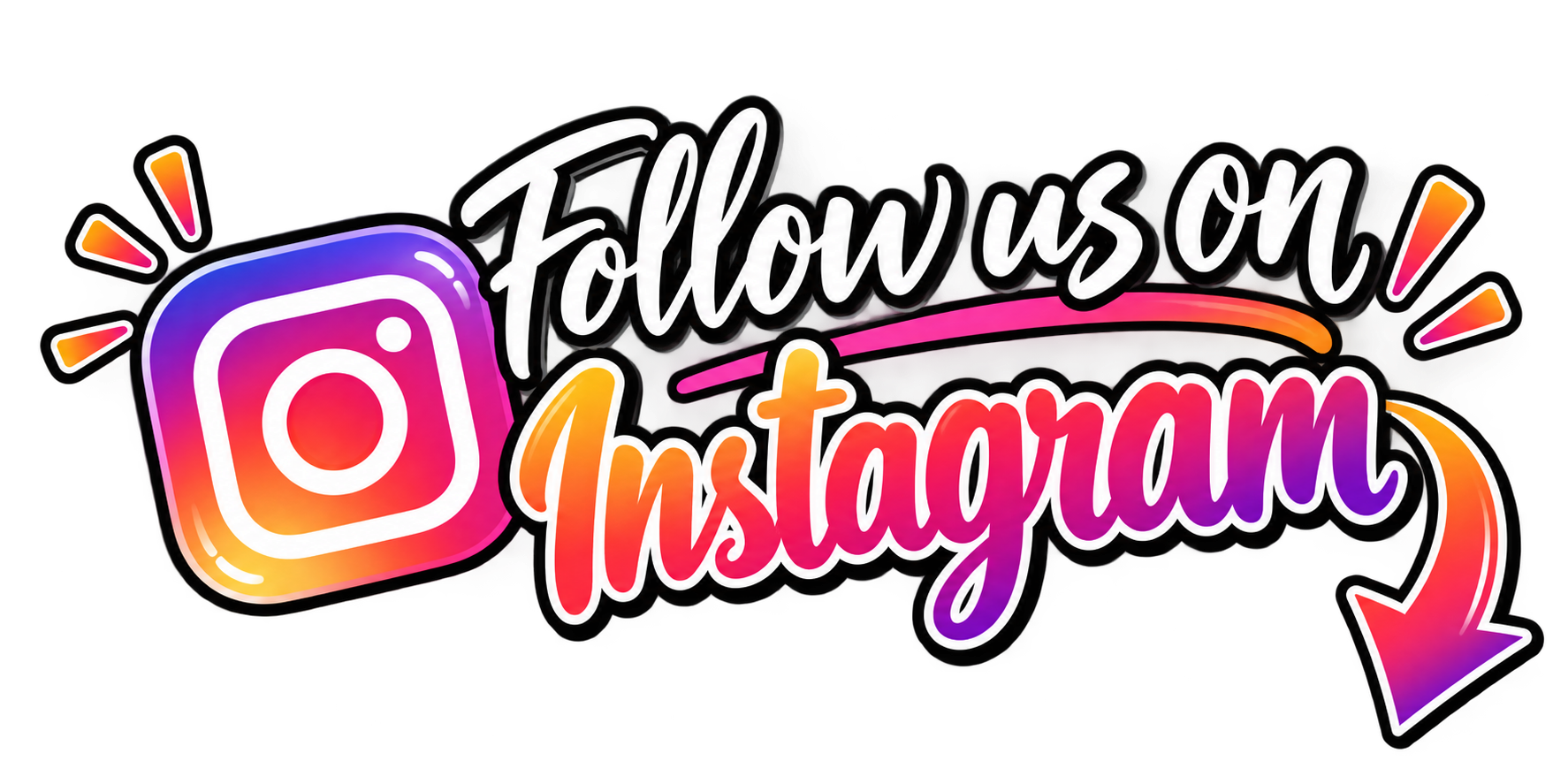 Colorful neon sign encouraging viewers to follow on Instagram, with an Instagram logo and a downward arrow.