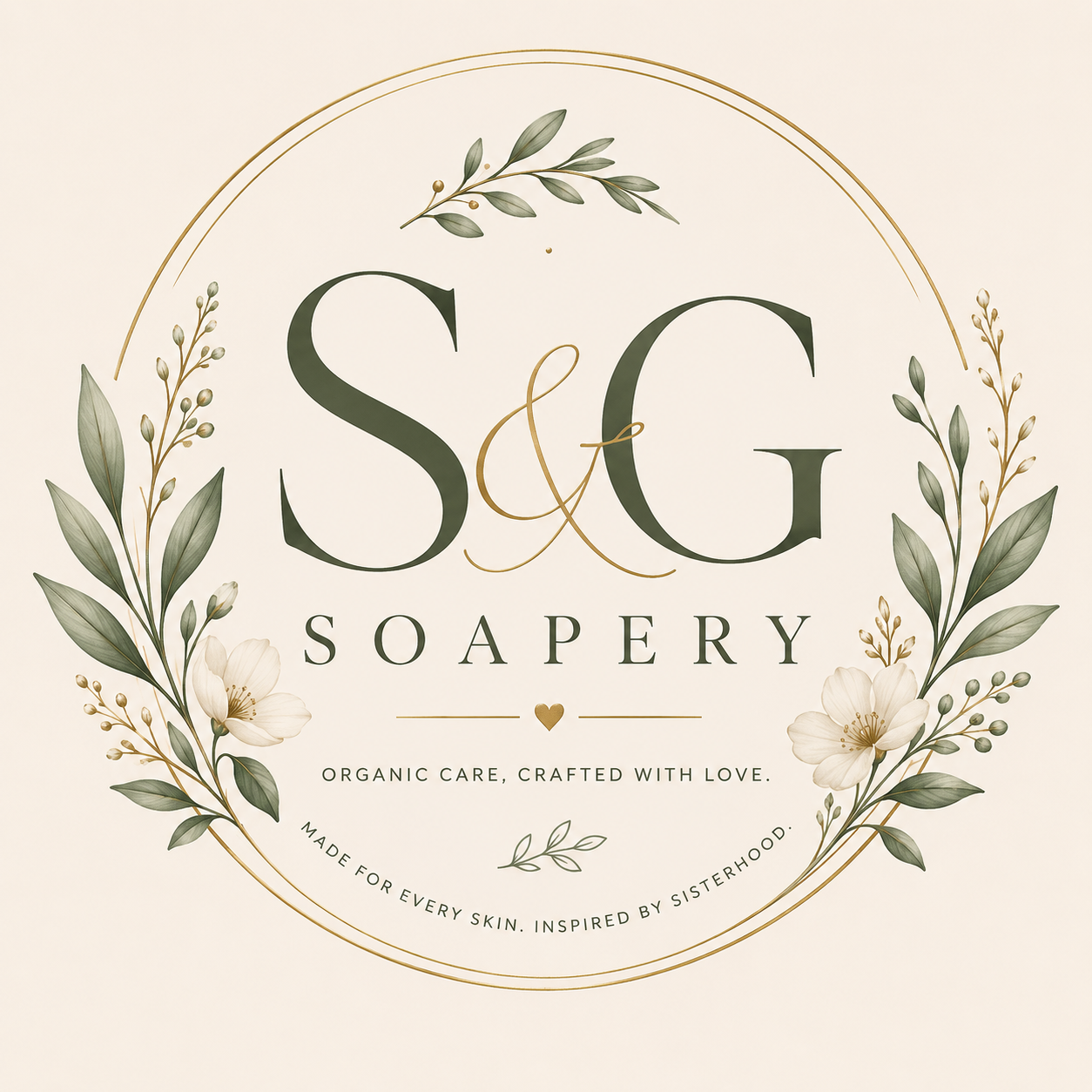 Logo for S&G Soapery featuring a floral wreath with green leaves and white flowers, the name 'S&G Soapery' in elegant font, and the tagline 'Organic care, crafted with love.'