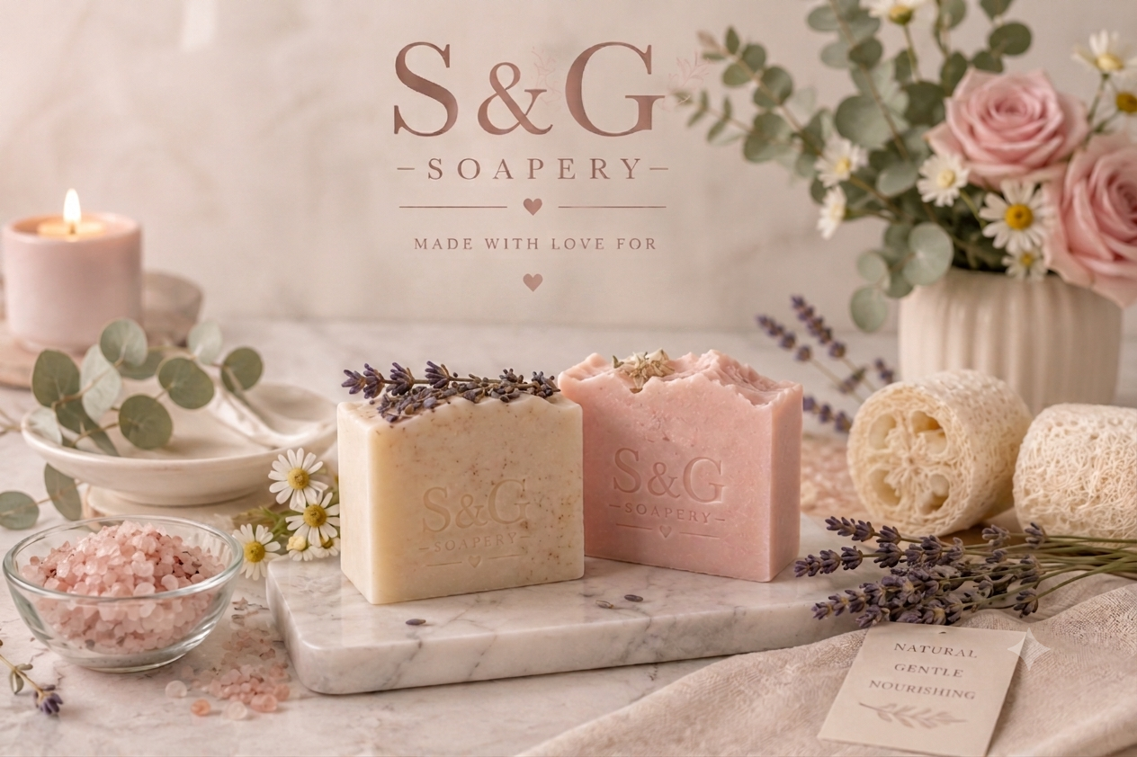 Two bars of soap, one ivory and one pink, with lavender sprigs on top, displayed on a marble slab. Surrounding them are pink and white flowers, bath salts, loofahs, a lit candle, eucalyptus leaves, and a bouquet of pink roses in a white vase. The background features a sign with the logo 'S&G Soapery' and the words 'Made with love for'.