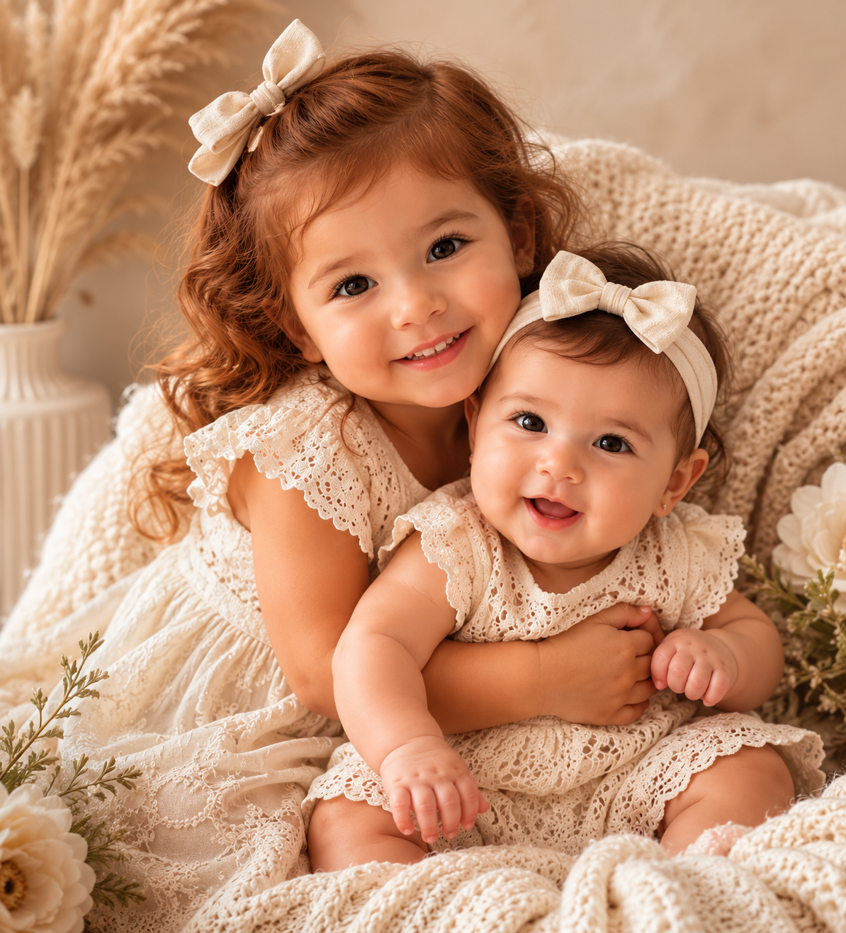 Two young girls, possibly sisters, wearing cream-colored lacy dresses and matching headbands with bows, sitting on a cozy knitted blanket surrounded by flowers and pampas grass, smiling happily at the camera.
