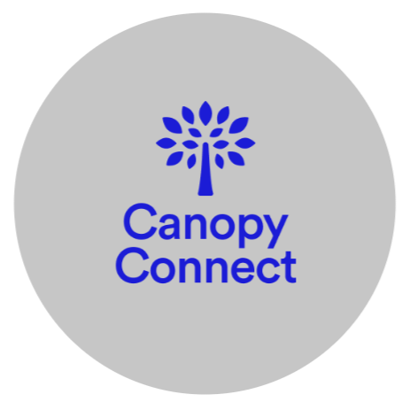 Logo with blue tree and the text 'Canopy Connect' in blue on a gray circle background.