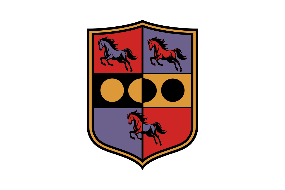 Rushing Insurance Group Logo Image. A black crest-shaped emblem divided into four quadrants with heraldic style. The top left and bottom right are red with a black horse silhouette. The top right and bottom left are purple with a red horse silhouette