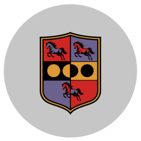 Rushing Insurance Group Logo Image. A crest with four quadrants featuring three black horses, two gold circles, and a red background, bordered with black and gold.