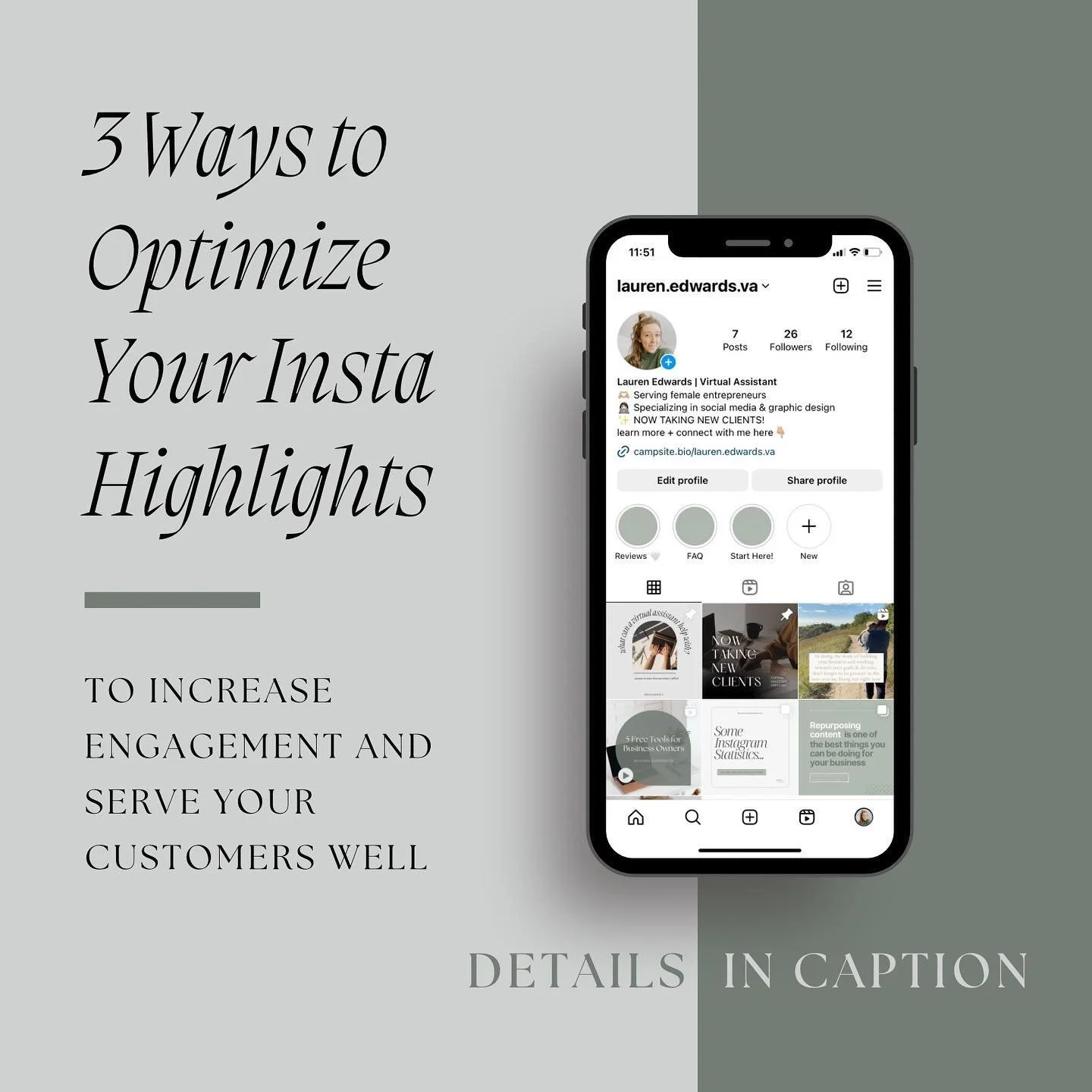 3 ways to optimize your Insta highlights ⬇️

1. Record a &ldquo;Start Here&rdquo; highlight 

This is a great way for anyone who visits your profile to quickly see who you are, what you&rsquo;re about, and how you can serve THEM.

Some things to incl