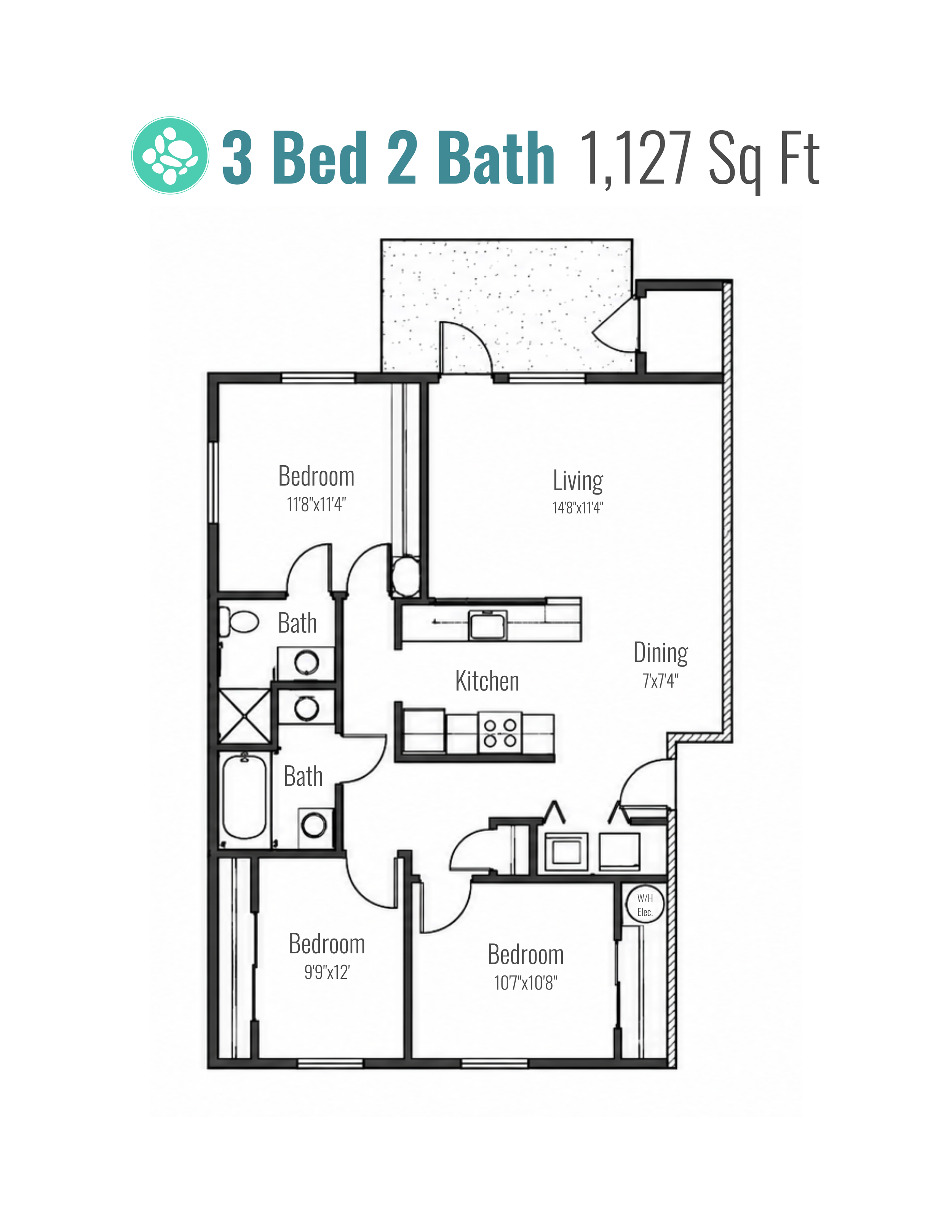 Floor plan of a house with three bedrooms, two bathrooms, a kitchen, a dining area, and a living room.