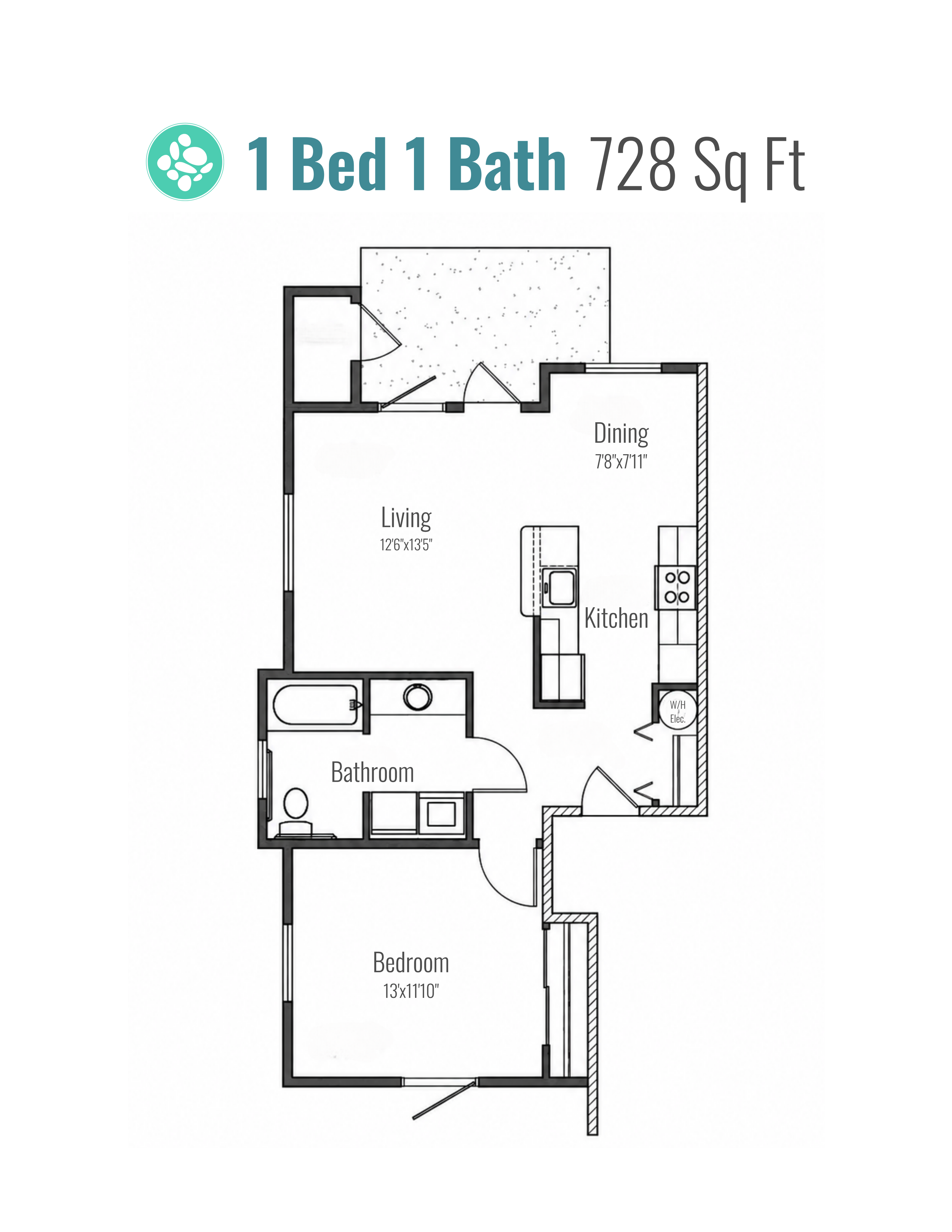 Floor plan of a one-bedroom, one-bath apartment with a total area of 728 square feet. The layout includes a living room, dining area, kitchen, bedroom, bathroom, and a small entryway.